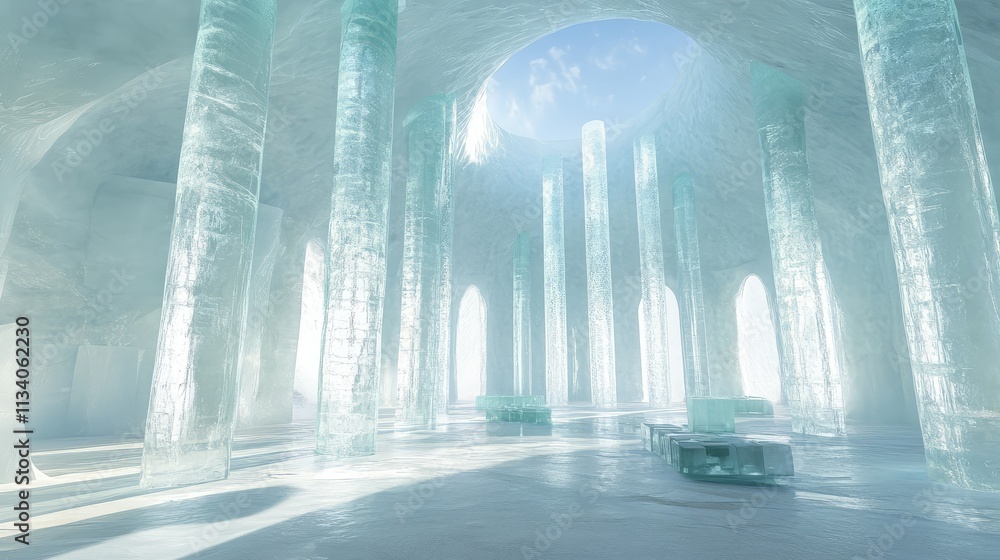 Poster an open-air hall inside an iceberg, with tall, frosted ice columns and natural light streaming in fr