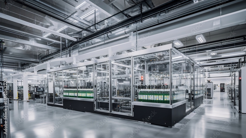 Poster a state of the art bottling plant featuring glass panels that provide a clear view of the comprehens