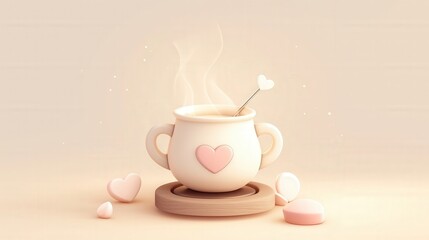 Fototapeta premium A cute, heart-adorned mug filled with steaming beverage, surrounded by delicate heart-shaped marshmallows, evokes a warm, cozy atmosphere.