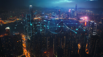 Obraz premium Smart digital Innovation city with connection network reciprocity over the cityscape. of future smart wireless digital city and social media networking systems that connects people with in city