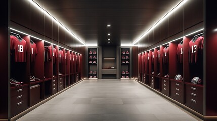 A modern sports locker room featuring team jerseys and helmets.