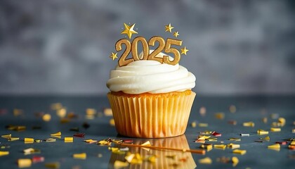 2025 Happy New Year, A cupcake with white frosting, surrounded by gold and yellow decorations including a 2025 sign, stars, and confet, a festive and celebratory atmosphere, created with generative ai