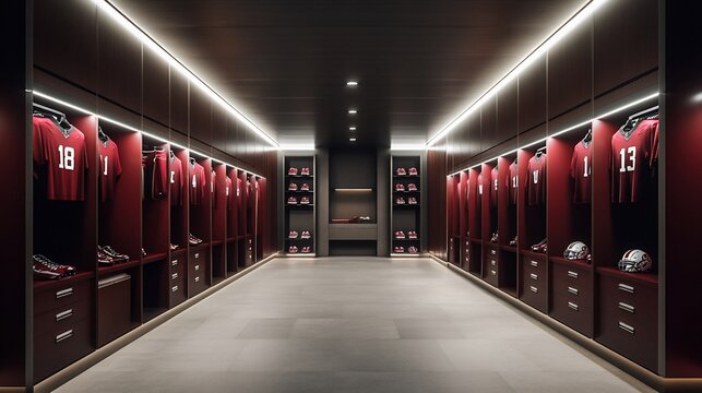 A modern sports locker room featuring team jerseys and helmets.