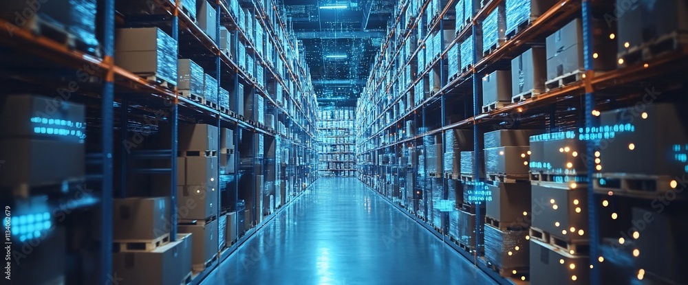 Poster a modern warehouse with shelves filled with boxes and illuminated pathways.