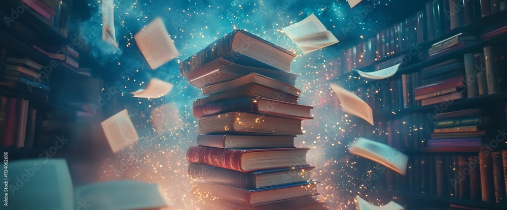 Poster a mystical library scene with floating books and magical ambiance.