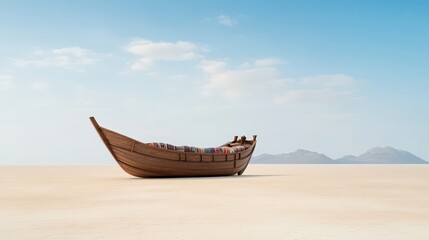 Fototapeta premium A solitary wooden boat rests on a vast, sandy landscape under a clear blue sky, with distant mountains visible in the background.