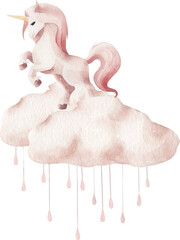 Watercolor vector unicorn on clouds. Clip art for party.