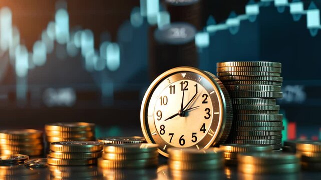 A clock placed on a stack of shiny coins, creating an intriguing juxtaposition between time and wealth, A representation of a depreciating currency value over time