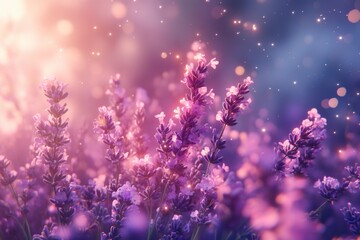 Fototapeta premium A serene lavender field bathed in soft light, creating a tranquil and enchanting atmosphere.