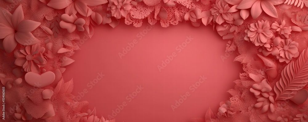 Poster a vibrant coral backdrop adorned with an array of floral shapes, creating a romantic and elegant fra