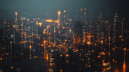 Smart digital Innovation city with connection network reciprocity over the cityscape. of future smart wireless digital city and social media networking systems that connects people with in city