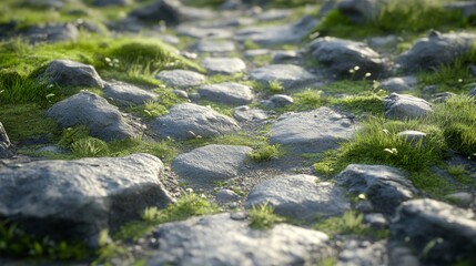 Obraz premium Close-up of a Stone Path Overgrown with Green Grass and Moss