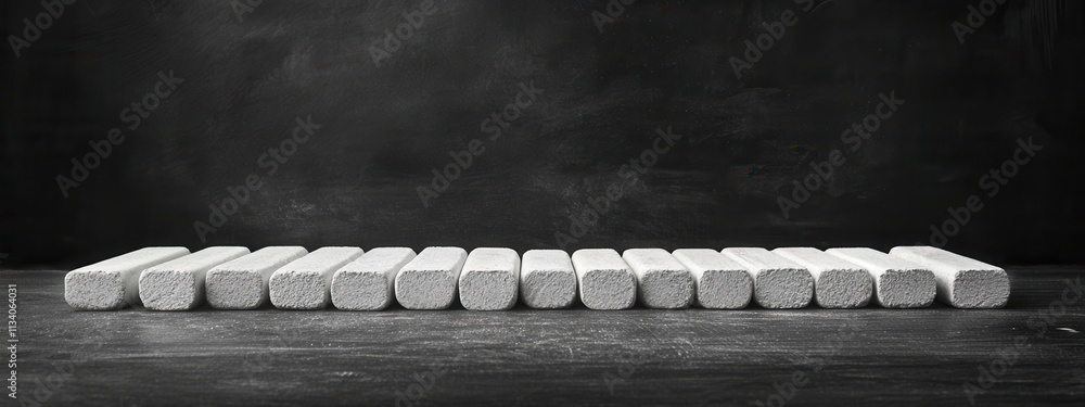 Poster creating a minimalist display of white chalk bars in a dark studio environment for artistic inspirat