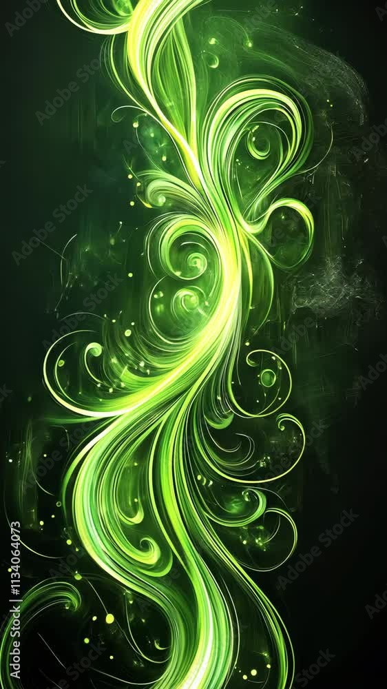 Poster vibrant green abstract design showcasing flowing patterns and luminous details on a dark background