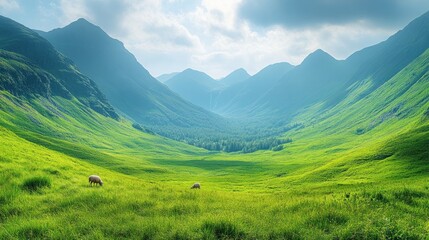 Obraz premium A serene valley landscape with lush greenery and distant mountains under a cloudy sky.