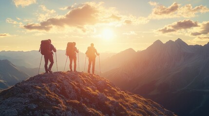 Obraz premium Hikers on a Mountain Peak at Sunset