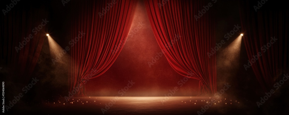 Poster a dramatic stage with red curtains and soft lighting, creating an inviting atmosphere for performanc