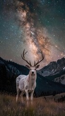 Fototapeta premium A majestic white deer with perfect antlers, on the mountain and the view of the stars in the beautiful sky