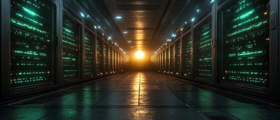 Obraz premium A futuristic data center with rows of servers illuminated by a glowing light.
