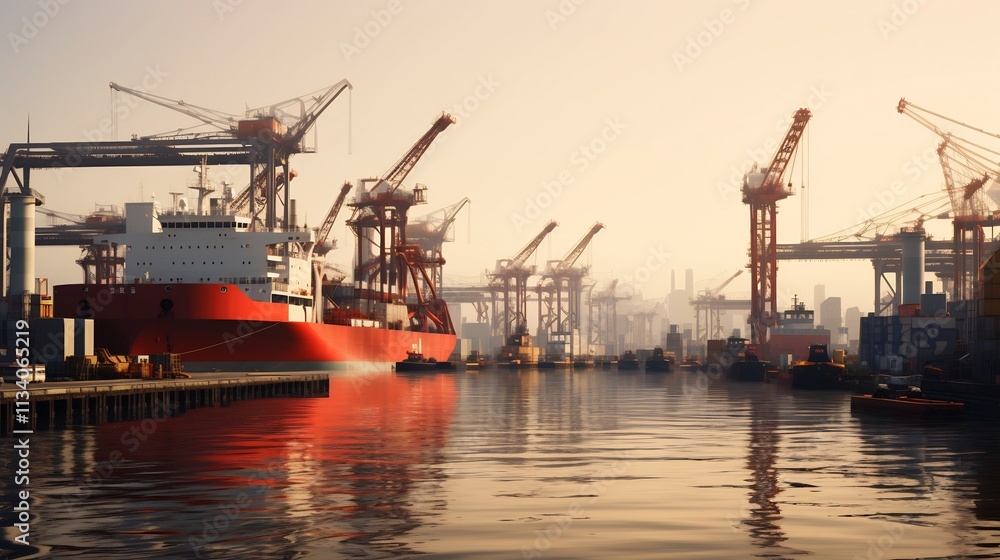 Poster bustling seaport scene with large oil tankers anchored at the docks surrounded by cargo cranes and m