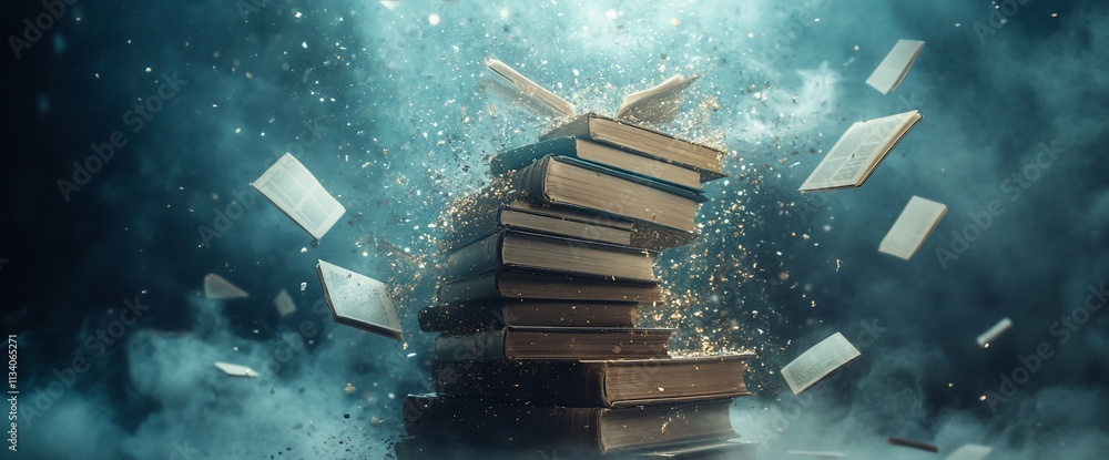 Poster A stack of books appears to float amidst swirling mist and glowing particles.