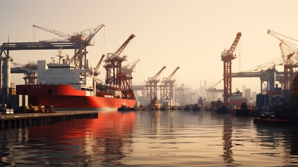 Fototapeta premium Bustling seaport scene with large oil tankers anchored at the docks surrounded by cargo cranes and maritime infrastructure for loading and unloading freight and containers