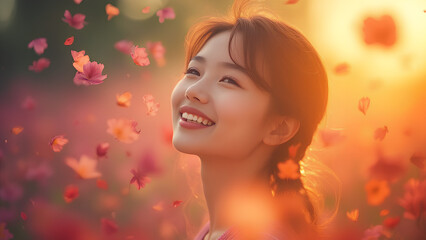 Fototapeta premium colorful rainbow quality with a gentle smile surrounded by fluttering petals beautiful woman with a delicate expression against the backdrop of the fantastic gradation of the morning sun