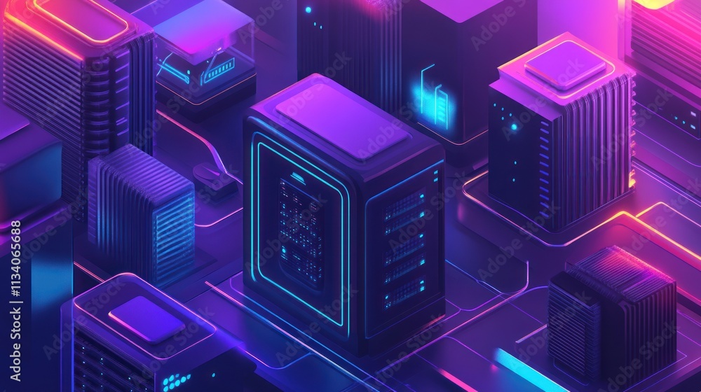 Poster futuristic digital landscape with neon-lit server towers and interconnected pathways.