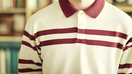 A vintage striped rugby polo shirt hangs on a wall in a cozy, book-filled room with retro decor