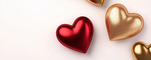 Fototapeta premium Shiny red and gold hearts are scattered against a light background, symbolizing love and affection.
