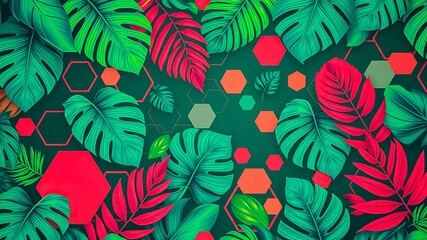 Vibrant Tropical Foliage Design with Geometric Hexagon Pattern