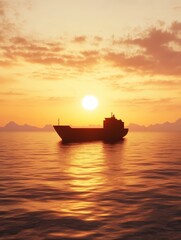 A serene sunset casts golden hues on calm waters, with a silhouette of a ship gently floating on the horizon.