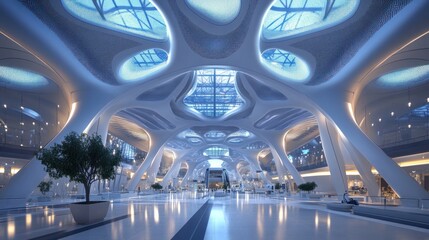 Futuristic interior of a spacious, modern building with organic shapes and natural light.