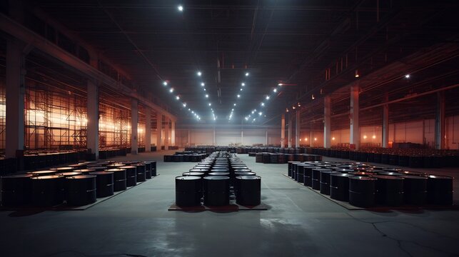 Stacked crude oil barrels stored in a large warehouse facility under industrial overhead lighting