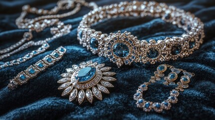 Luxury, ornate jewelry set with sapphires on a velvet surface. 