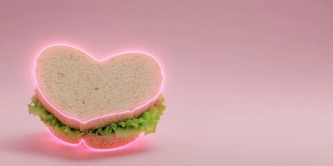 A whimsical heart-shaped sandwich with lettuce, glowing against a soft pink background, evoking love and playfulness in food.