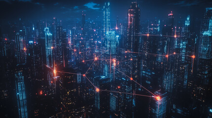 Fototapeta premium Smart digital Innovation city with connection network reciprocity over the cityscape. of future smart wireless digital city and social media networking systems that connects people with in city