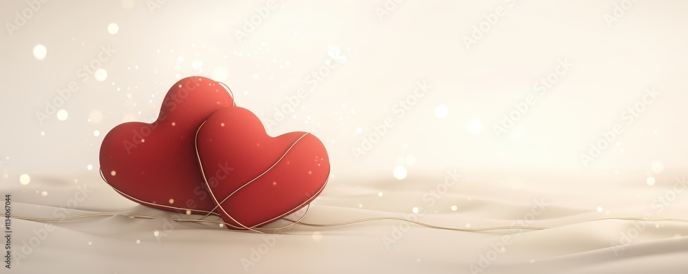 Poster two red heart-shaped decorations sit together on a soft surface, creating a warm and romantic atmosp