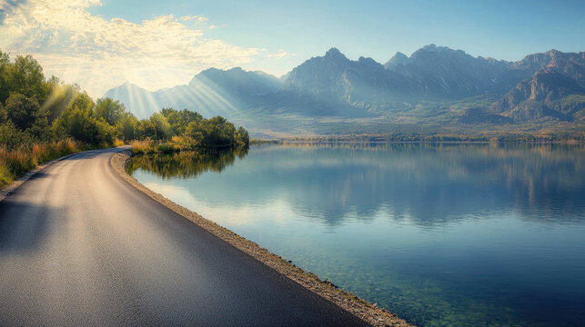 Beautiful lakeside asphalt road, viewpoint, travel, adventure, tourism banner
