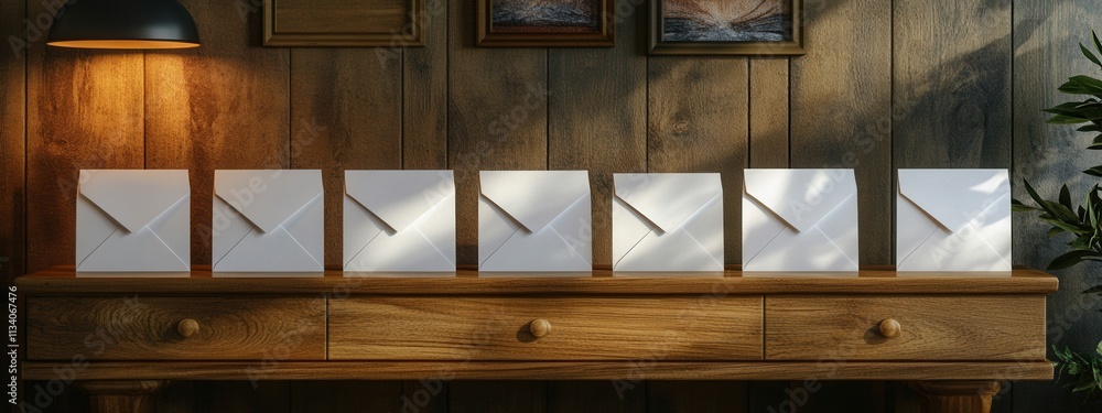 Poster creative envelope display arrangement modern workspace visual presentation indoor setting close-up v