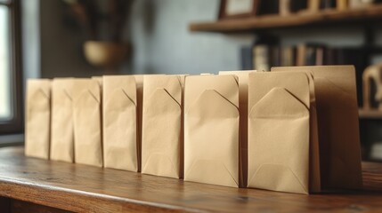 Packaging and organizing coffee bags coffee shop product display cozy interior close-up view crafting aesthetic appeal