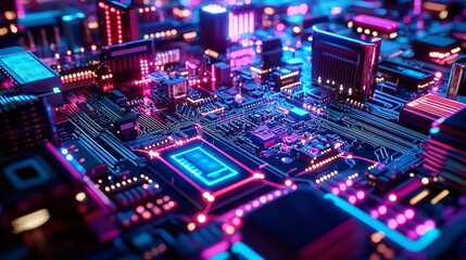 Obraz premium Futuristic Cityscape with Vibrant Neon Lights and Digital Displays