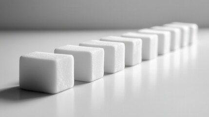 Domino effect simulation minimalist setting white blocks indoor environment close-up view stability concept