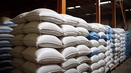 Rows of Stacked Cement Bags in an Industrial Warehouse Prepared for Transport and Delivery to Construction Sites