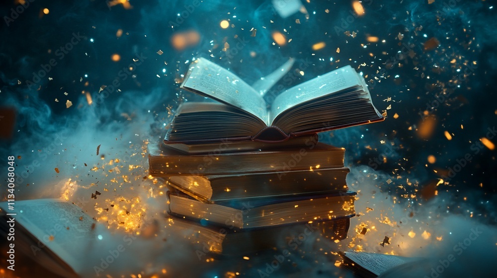 Poster An open book levitates above a stack, surrounded by glowing particles and mist.