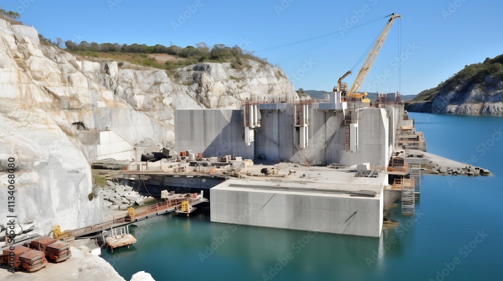 Poster aerial view of a massive quarry site with heavy machinery and trucks extracting and transporting raw