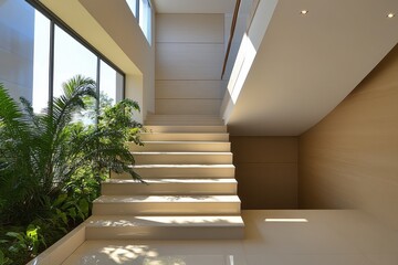 Fototapeta premium Modern beige staircase with plants. Ideal for interior design, architecture, and home decor projects.