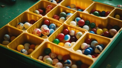 Colorful assorted candies in compartments of a plastic box.