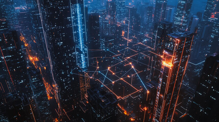 Obraz premium Smart digital Innovation city with connection network reciprocity over the cityscape. of future smart wireless digital city and social media networking systems that connects people with in city