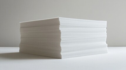 Stacked white paper sheets office space still life minimalist environment close-up view conceptual representation for creativity